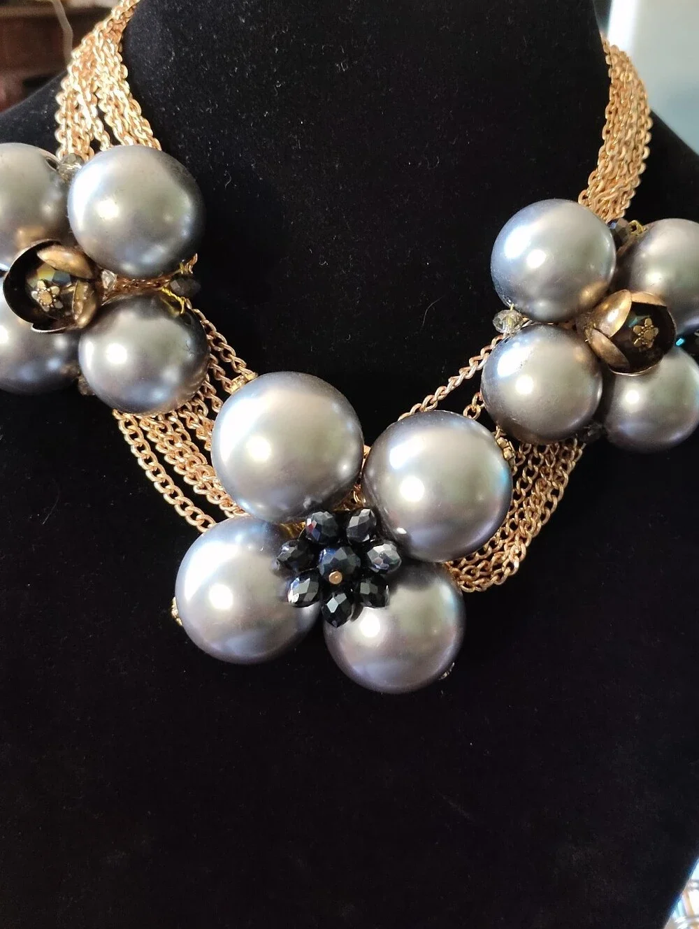 Gold Multi-Strand Necklace with Silver Pearl Cluster Flowers